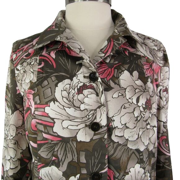 Chico's Size 1 Button Front Blouse Jacket Long Sleeve Taupe Coral Floral Motif - Picture 5 of 10